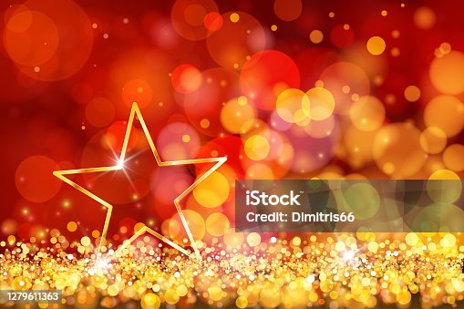 istock Gold star on defocused lights. Blue and gold bokeh decoration 1279611363