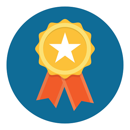 Gold Star Quality Badge with red ribbon, Vector Illustration