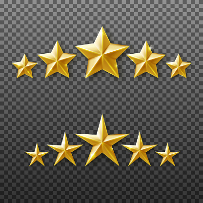 5 Gold stars rating set isolated on transparent background