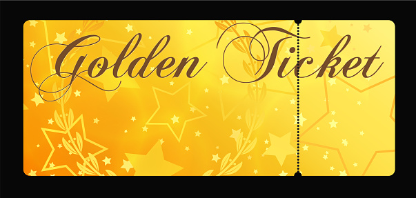 Gold ticket, golden token (tear-off ticket, coupon) with star magical background.
