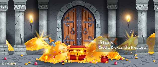 istock Gold treasure vector background, medieval old chest, coin pile, seamless castle dungeon game level. 1341625976