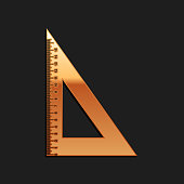 Gold Triangular ruler icon isolated on black background. Straightedge symbol. Geometric symbol. Long shadow style. Vector.