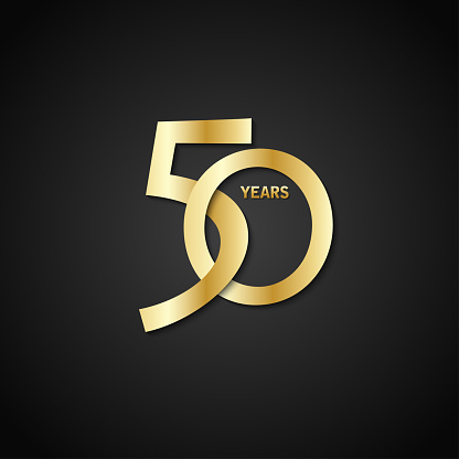 50 YEARS gold typography on black background