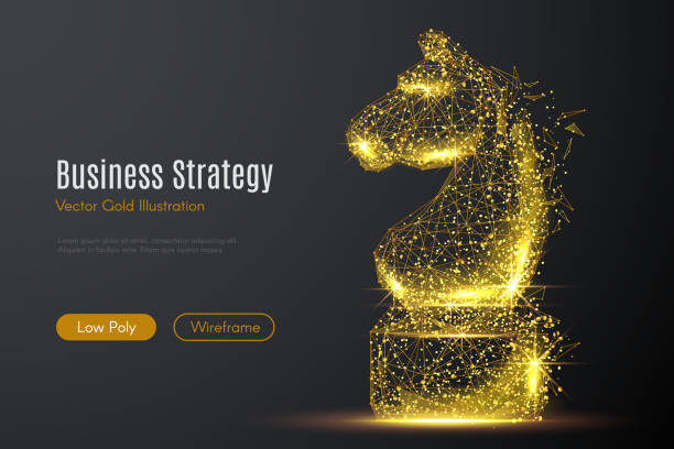 CHESS HORSE LOW POLY gold Low poly illustration of the CHESS HORSE with a golden dust effect. Sparkle stardust. Glittering vector with gold particles on dark background. Polygonal wireframe from dots and lines. chess stock illustrations