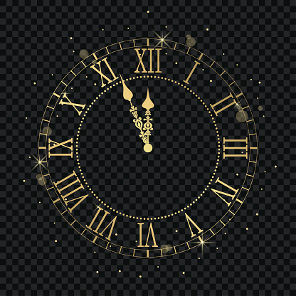 Gold vintage clock with Roman numeral and countdown midnight, eve for New Year. Golden wall clock-face dial at transparent background. Vector