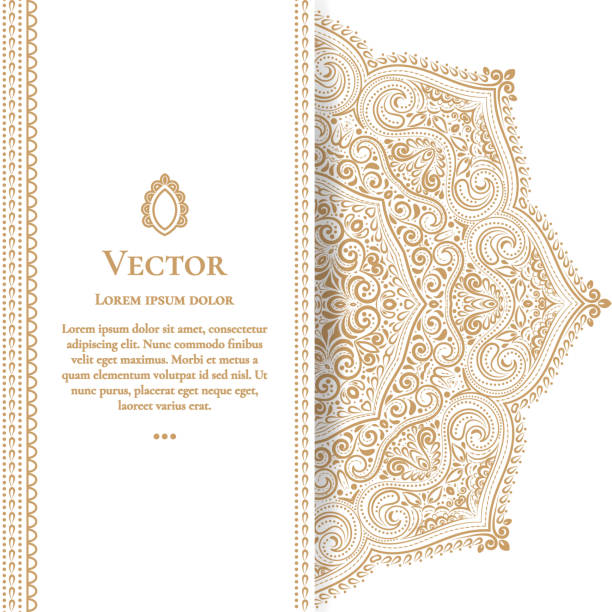 Gold vintage greeting card on a white background. Luxury ornament template. Mandala. Great for invitation, flyer, menu, brochure, postcard, background, wallpaper, decoration, or any desired idea culture of india stock illustrations