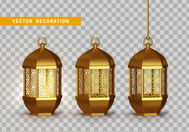 Gold vintage luminous lanterns. Arabic shining lamps. Gold vintage luminous lanterns. Arabic shining lamps. Isolated hanging realistic lamps. Effects of transparent vector background fanous stock illustrations