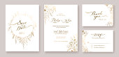 Gold Wedding Invitation, save the date, thank you, rsvp card Design template. Vector. winter flower, Rose, silver dollar, olive leaves, Wax flower, Anemone.