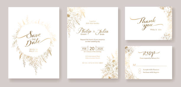 золото свадебное приглашение, сохранить дату, спасибо, rsvp шаблон дизайна карты. зимний цветок, роза, серебряный доллар, оливковые листья, во� - поздравительная открытка stock illustrations