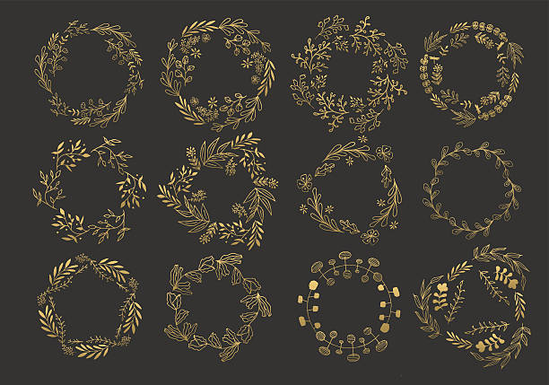 Gold wreaths and laurels Collection of hand drawn ink painted gold floral wreaths and laurels. Vintage golden design elements for wedding, holiday and greeting cards. Vector illustration.  wedding silhouettes stock illustrations