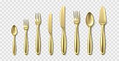 Golden 3d cutlery. Realistic spoons, forks and knives, luxury cutlery, yellow metal top view tableware, serving table dining utensils, restaurant and cafe serving elements vector isolated on white set