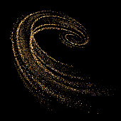 Golden 3d whirlpool, vortex, twist with dynamic particles. Shimmering star dust trail. Vector abstract motion isolated on black background. Vector illustration