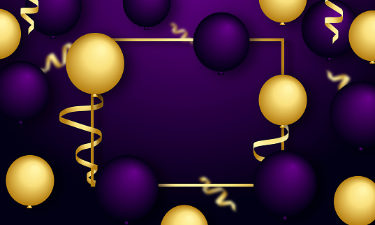 golden and purple balloons with frame background.stock illustration