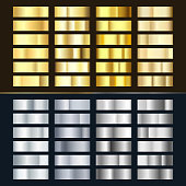 Golden and Silver gradient set. Various of shiny silvery and gold pattern. Realistic metalic foil. Vector illustration isolated on white background