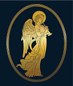 Vector drawing of a golden angel with flute in a oval bordure on a dark blue background.