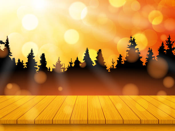 Golden autumn landscape with pine forest and empty rustic wooden table for background. Vector illustration vector art illustration