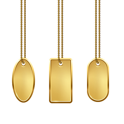 Golden badges of different shapes set, hanging on chain, 3d gold award medallion