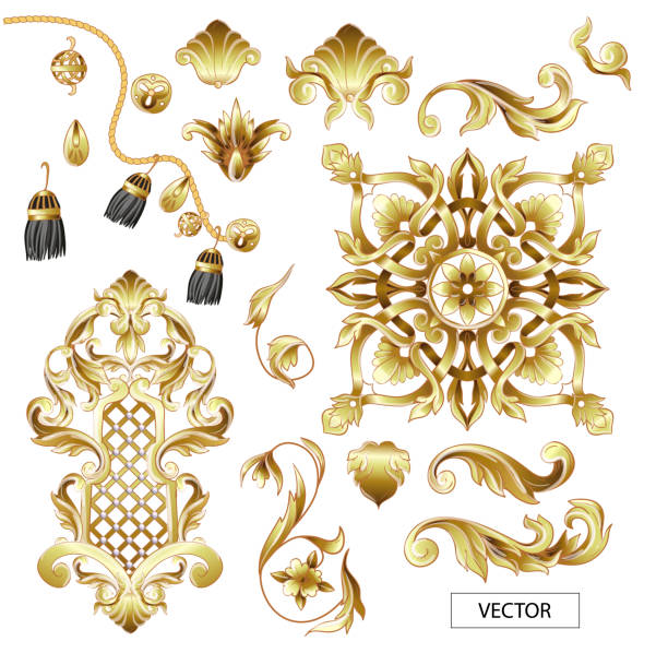 Golden baroque and knotting elements isolated. Vector Golden baroque and knotting elements isolated. arabesque position stock illustrations