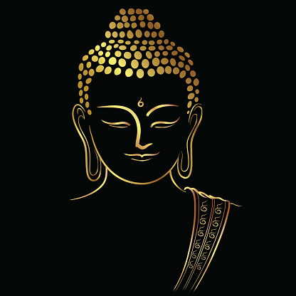 Golden buddha head with golden border element isolate on black background (Vector flat concept)