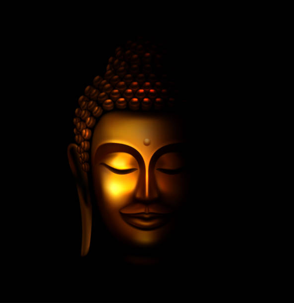 Golden Buddha Illustration of Smiling Golden Buddha Face in the Dark and Light Illuminated buddha stock illustrations