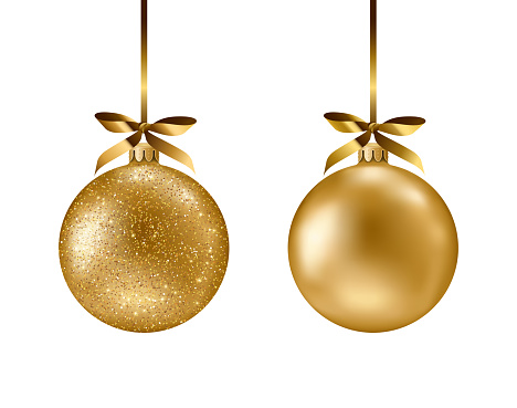 Golden ball set isolated on white background. Vector illustration. Merry Christmas and Happy New Year 2022 sphere decoration hanging with gold ribbon bow. Holiday Xmas toy bauble for fir tree