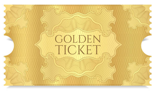Golden cinema ticket template Concert ticket on gold background with curve floral pattern. Useful for any movie festival, party, film, event, entertainment show tickets and vouchers templates stock illustrations