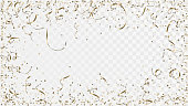 Golden confetti and ribbons on a transparent background, frame of party decorations