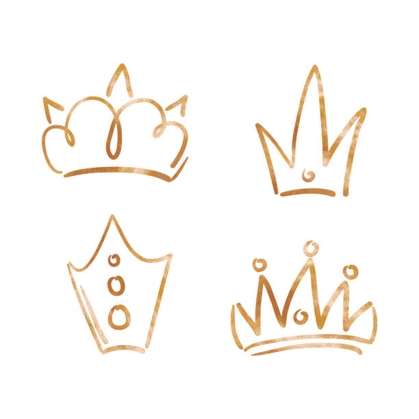 Golden crown vector set on white background. Doodle crown for king and queen, prince and princess vector art illustration