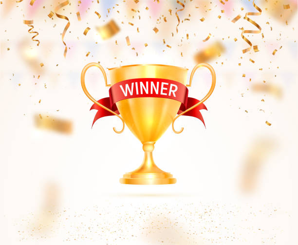 Golden cup trophy with red ribbon and winner text vector illustration. Sports high award on light background with falling down confetti Golden cup trophy with red ribbon and winner text vector illustration. Sports high award on light background with falling down confetti. winning stock illustrations