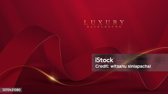istock Golden curve line on red luxury background with glitter light effects decoration. 1370431080