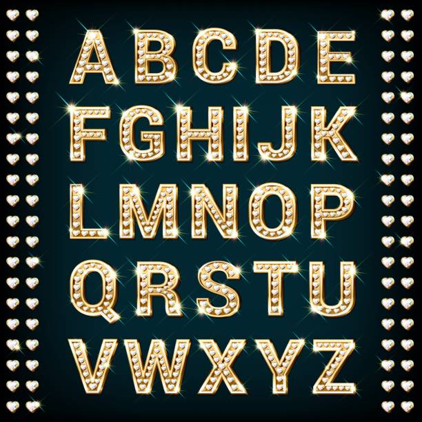 Golden diamond alphabet Gold alphabet with heart shaped diamonds. Letters A to Z in realistic style vector illustration. diamond shaped stock illustrations