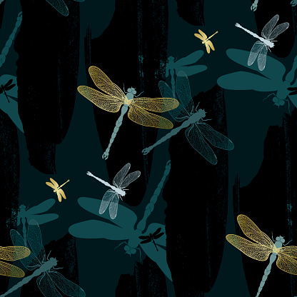 Golden dragonflies on dark teal background (Seamless pattern kimono style)