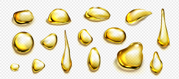 Golden drops and puddles of oil or liquid honey isolated on transparent background. Vector realistic set of gold drips of organic cosmetic or food oil, top view of clear yellow stains