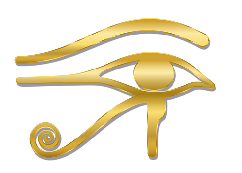 Golden Eye of Horus. Ancient Egyptian goddess Wedjat symbol of protection, royal power and good health. Similar to Eye of Ra. Isolated vector illustration on white background.