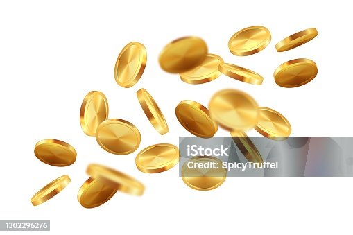 istock Golden falling coins. Realistic jackpot concept. 3D flying gold money. Mockup of casino symbol and lucky win. Isolated metal cash for savings, monetary template. Vector illustration 1302296276