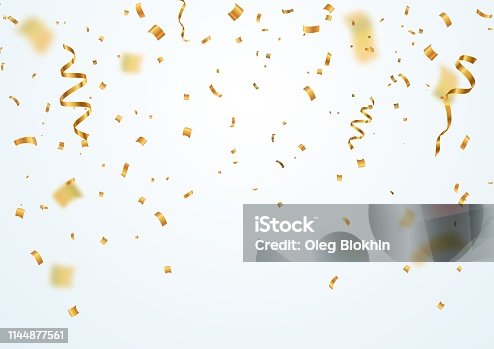 istock Golden flying blur confetti with motion effect on light white background Template for Holiday vector illustration. 1144877561