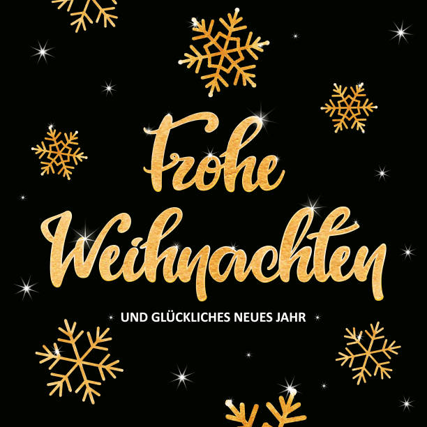 золотые надписи "frohe weihnachten" со снежинками - weihnachten stock illustrations