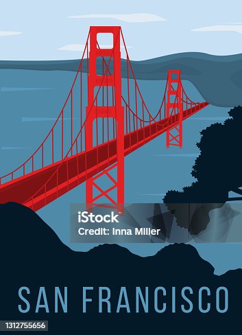 istock Golden Gate bridge retro poster. Red color bridge across the blue ocean. Retro style vintage card or sticker. Popular sightseeing in San Francisco, California. Flat vector illustration. 1312755656