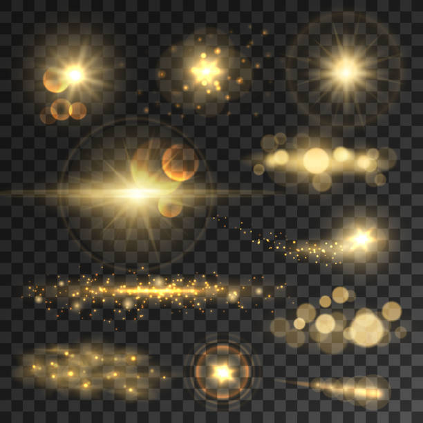 Golden glitter bokeh lights and sparkles Golden glitter bokeh lights and sparkles. Shining star, sun particles and sparks with lens flare effect on transparent background light effect stock illustrations