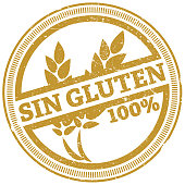 golden grunge 100% gluten free rubber stamp with Spanish words SIN GLUTEN vector illustration