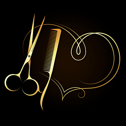 Golden heart and scissors combs symbol for beauty salon