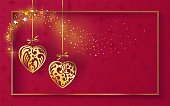 Golden hearts. Horizontal banner. Shiny sparkling hearts on a red background. Template design invitations, greetings, cards. Valentine's day concept, Mother's Day, Wedding. Vector illustration