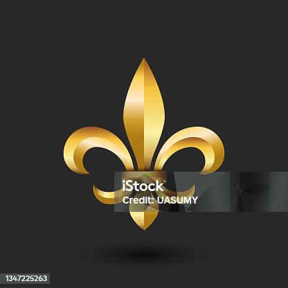 istock Golden heraldic lily 3d logo, gold gradient faceted emblem creative design, metallic fleur-de-lys French royalty symbol. 1347225263