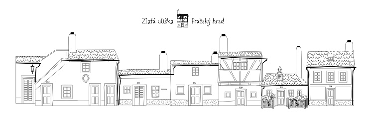 Golden Lane (Zlatá ulika) with colorful houses in Prague Castle, Czech Republic. Coloring page.