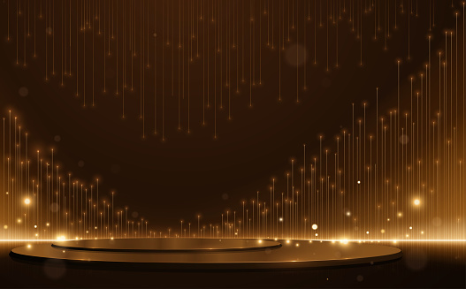 Golden light lines scene with circle podium in vector