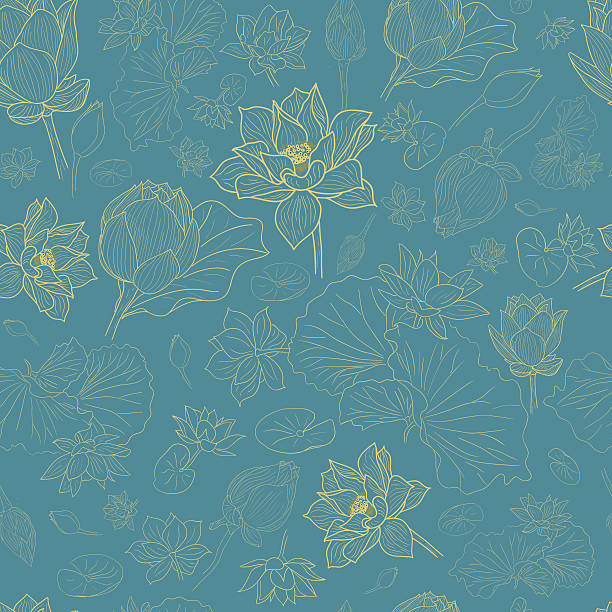 ゴールドラインの蓮の花パターンの背景に青色 - 蓮の花点のイラスト素材／クリップアート素材／マンガ素材／アイコン素材
