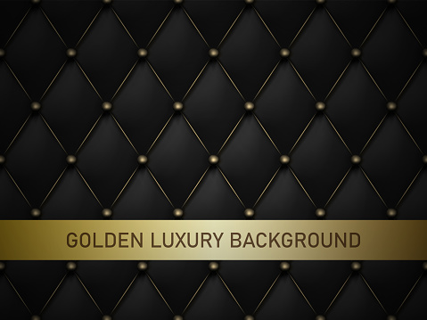 Golden luxury background. Black matte leather texture pattern. Background upholstery rich and luxury sofa. Vector abstract antique illustration. Close-up.