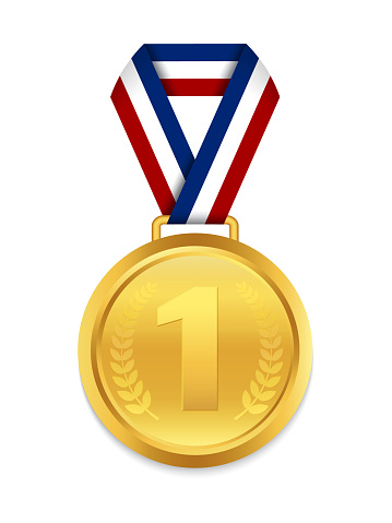 Golden medal with 1st place for winner. Award medallion with red ribbon. Trophy gold prize on isolated background. Chempionship of win sign. Olympic medal for award coremony. vector illustration.