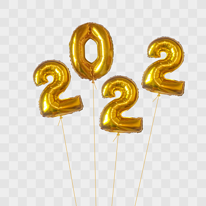 Golden metallic foil balloon number 2022. Happy new year. Holiday decoration. Figure 2022 from bundle of gold foil balloons, isolated on transparent background. Realistic 3d vector illustration
