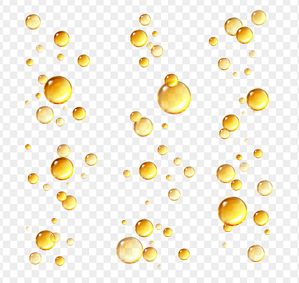 Golden oil bubbles. Realistic oil drops, cosmetic